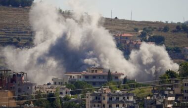 Smoke billows from southern Lebanon following an Israeli strike, as seen from Nabatieh, southern Lebanon, June 19, 2026.
