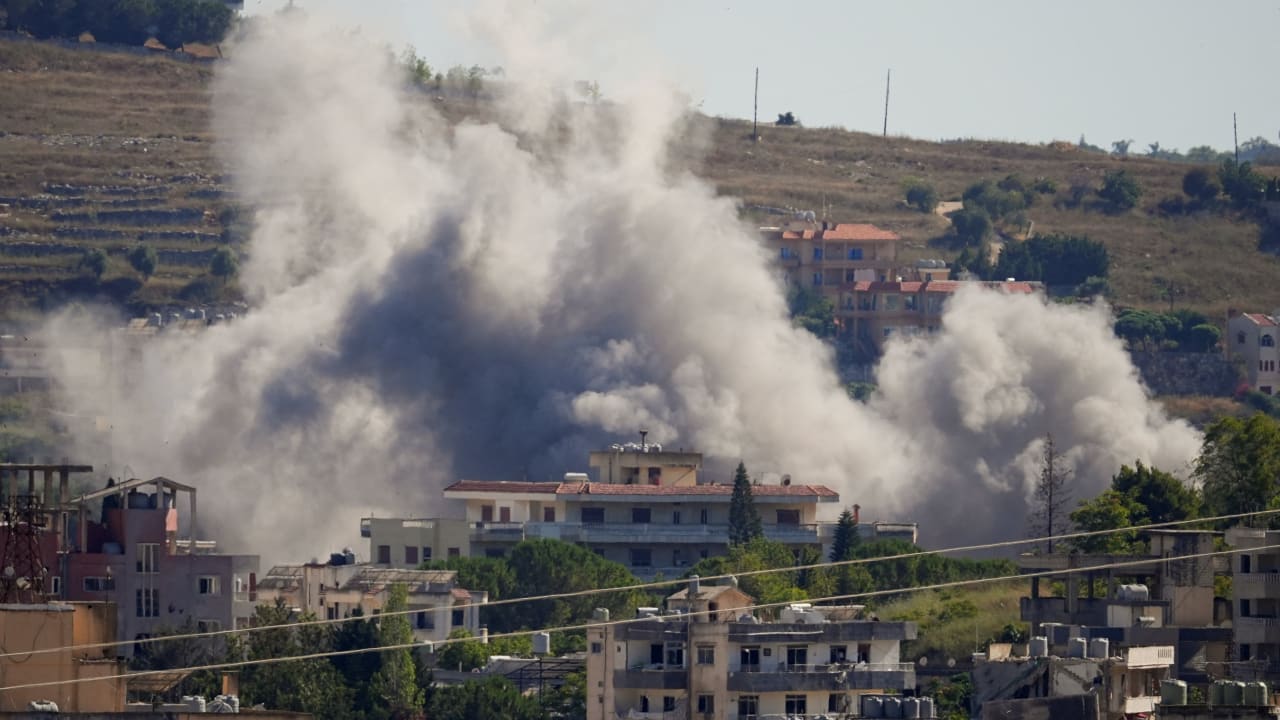 Smoke billows from southern Lebanon following an Israeli strike, as seen from Nabatieh, southern Lebanon, June 19, 2026.