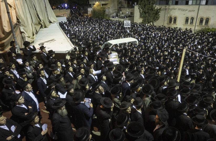 Ultra-Orthodox (haredi) Jewish men rally against the imprisonment of yeshiva students who failed to comply with IDF draft orders, on June 18, 2026.