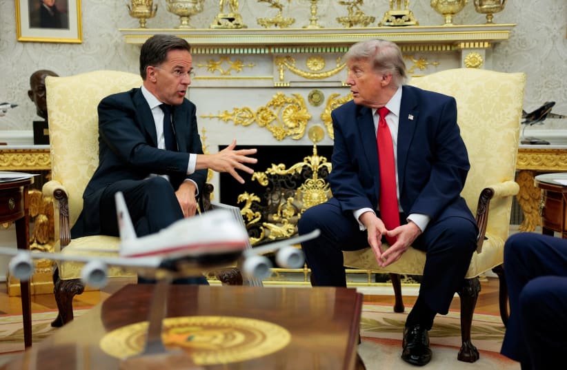 US President Donald Trump participates in a meeting with NATO Secretary General Mark Rutte in the Oval Office at the White House in Washington, DC, US, June 24, 2026.