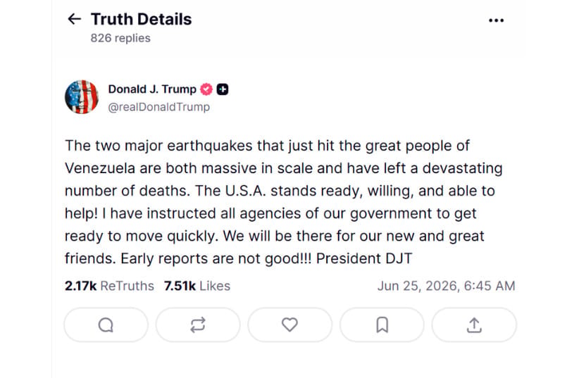 US President Donald Trump reaction to the earthquake in Venezuela.