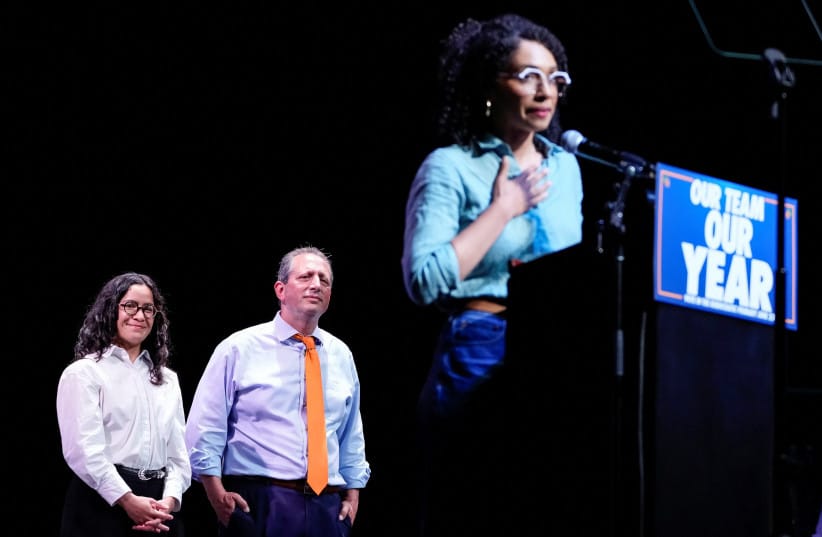 BRAD LANDER, candidate for New York’s 10th Congressional District, Congressional candidate Claire Valdez and Congressional candidate Darializa Avila Chevalier attend the Get Out the Vote rally in Brooklyn, New York, US, June 18, 2026.