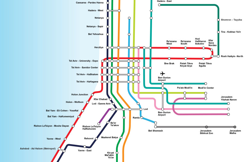 The new Eastern Rail Line (dark green) amid the larger Israel Railways network.
