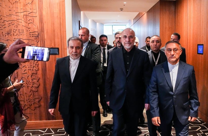 The Iranian delegation led by Mohammad Baqer Qalibaf, Speaker of the Parliament of Iran (center) arrives to meet with the Pakistani delegation led by Prime Minister Shehbaz Sharif (not pictured) on June 21, 2026 in Obbuergen, Switzerland.