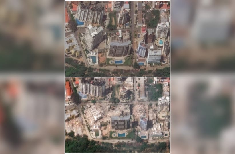 A combination of satellite images shows apartment buildings in La Guaira, Venezuela, before (above) and after two powerful earthquakes, June 22, 2026, and June 25, 2026.