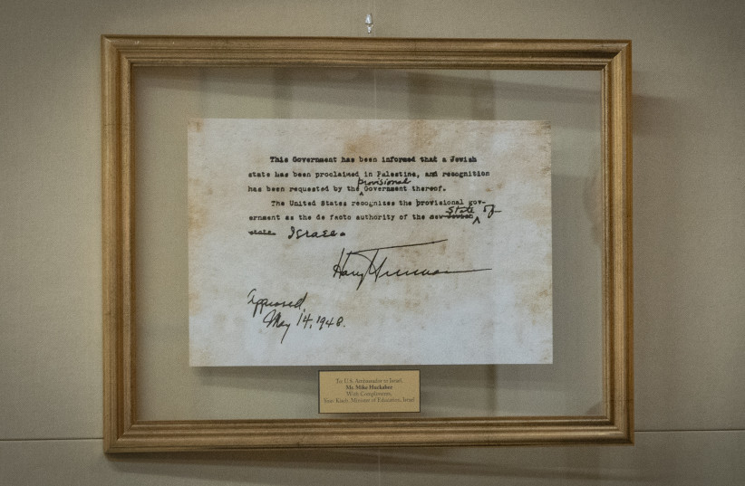 A telegram sent by president Harry S. Truman recognizing the State of Israel holds a place of pride on the wall of the ambassador’s Jerusalem office.
