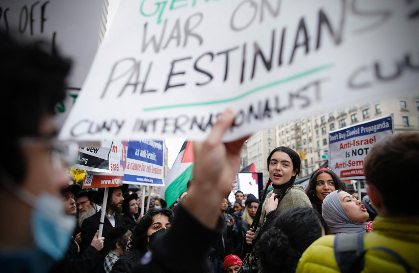 Pro-Palestinian protesters gather outside of Columbia University in New York City on April 18, 2024.