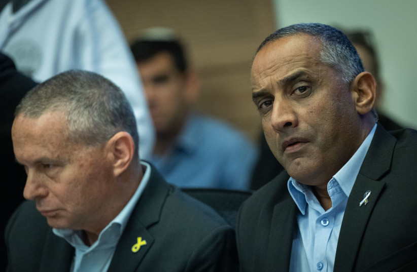 Brig. Gen. (Res) Dedi Simchi and former Minister Yizhar Shai attend a Constitution, Law and Justice Committee meeting at the Knesset, in the Israeli parliament on January 21, 2025.