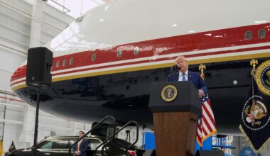 Trump unveils the new Air Force One, a converted Qatari jet with massive American flag
