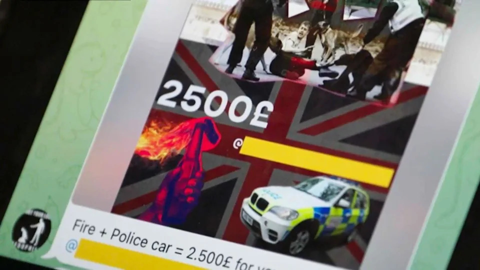 A photo of a phone showing a message from one of the accounts linked to Direct Action UK, with a graphic showing a Union Flag, a molotov cocktail and a police car. The message says "Fire + Police car = 2.500£ for you", using the Russian style for writing currency figures.