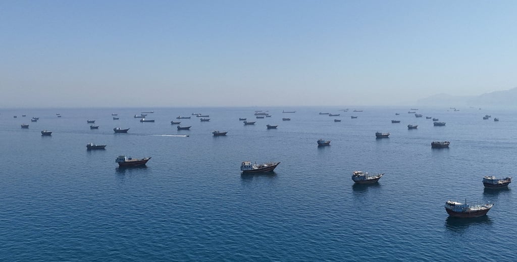 Vessels anchored in the Strait of Hormuz as seen from Musandam, Oman, on Monday. Photo: Reuters