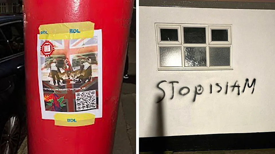 A composite image showing a red pillar box with a poster taped up on it advertising Direct Action UK and its social media channels, with Unon Flags and images of rioting. A second image shows a wall on which someone has spray-painted "Stop Islam".