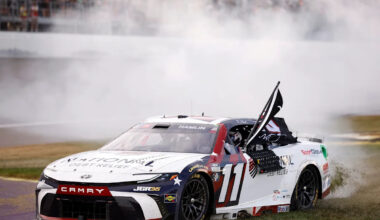 Denny Hamlin wins at Michigan after red flag for a nasty wreck between Christopher Bell and Chase Elliott that bent the wall