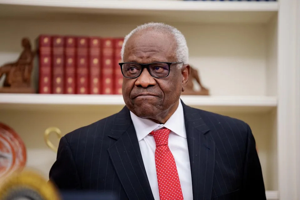 Clarence Thomas appears in the Oval Office at the White House on February 5, 2025, in Washington, D.C.