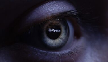 This illustration photograph taken with a macro lens shows an 'OpenAI' logo reverse projected onto a human eye at a studio in Paris on June 6, 2023. (JOEL SAGET / AFP)