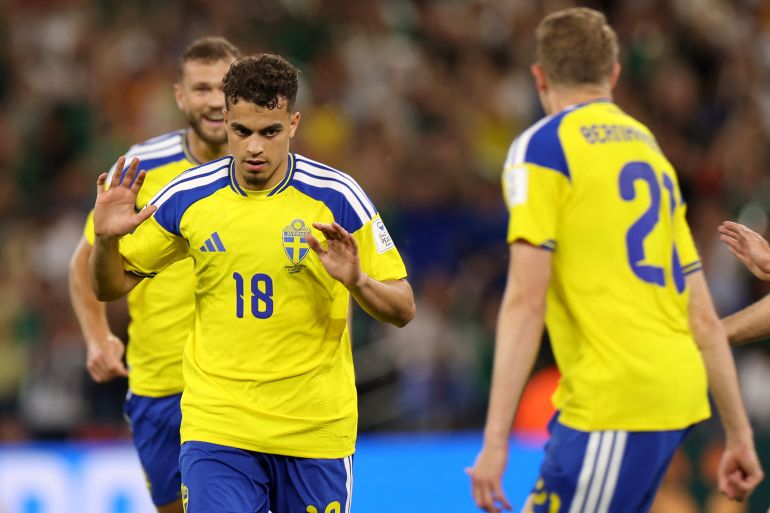 Sweden's midfielder #18 Yasin Ayari celebrates scoring his team's first goal during the 2026 World Cup Group F football match between Sweden and Tunisia at the Monterrey Stadium in Guadalupe on June 14, 2026. (Photo by Julio Cesar AGUILAR / AFP)