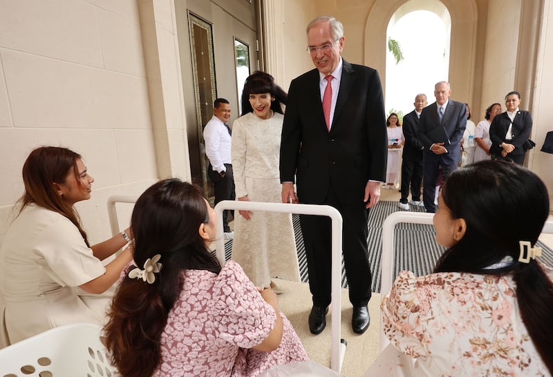 Elder Neil L. Andersen of the Quorum of the Twelve Apostles and his wife, Sister Kathy Andersen, meet volunteers at the Bacolod Philippines Temple prior to dedication in Bacolod City, Philippines, on Sunday, May 31, 2026.