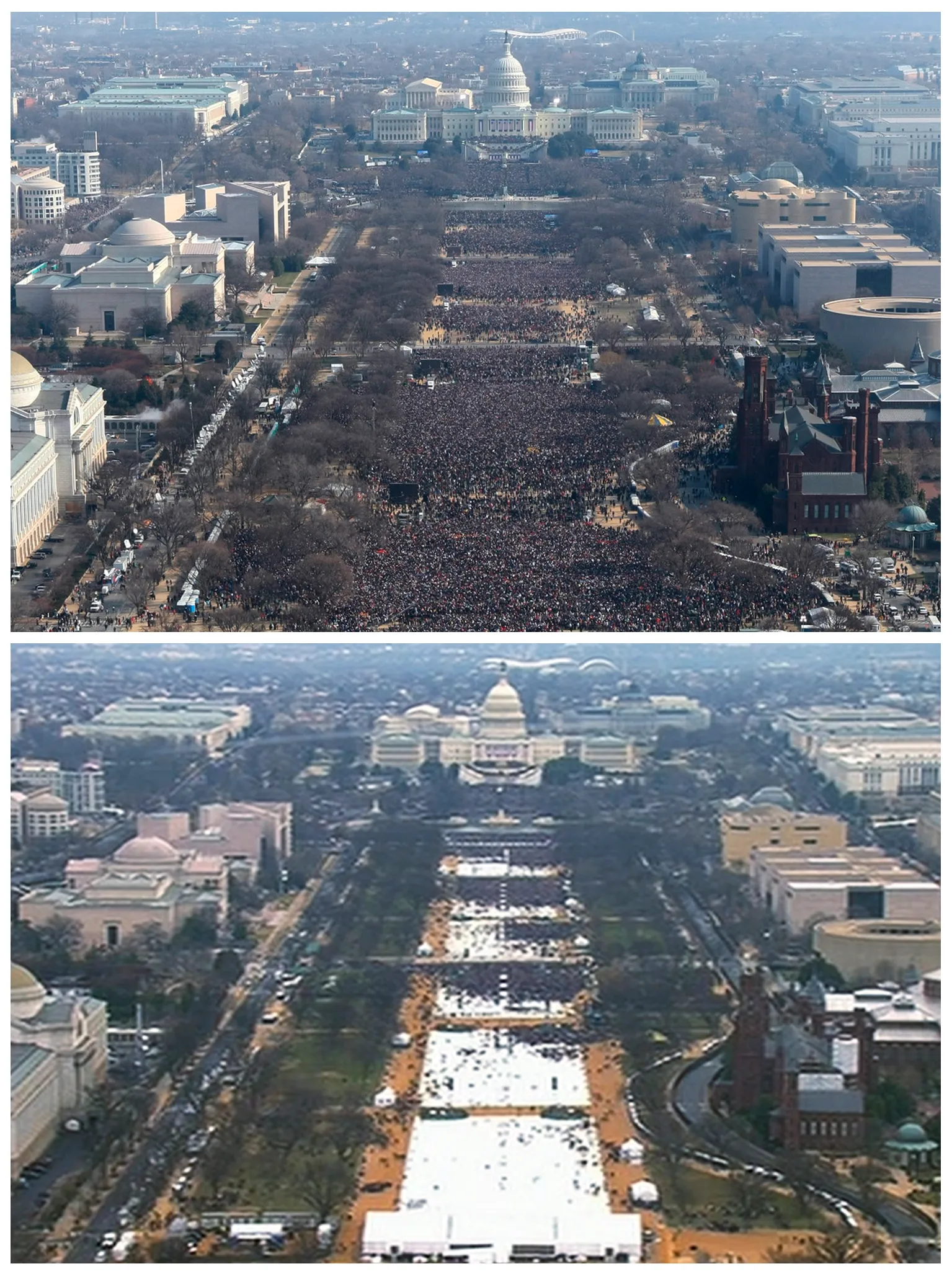 FILE- This pair of photos shows a view of the crowd on the National Mall at the inaugurations of President Barack Obama, above, on Jan. 20, 2009, and President Donald Trump, below, on Jan. 20, 2017. The photo above and the screengrab from video below were both shot shortly before noon from the top of the Washington Monument. On his first full day in office, President Donald Trump called the acting director of the National Park Service to dispute widely circulated photos of Trump's inauguration. (AP Photo, File)