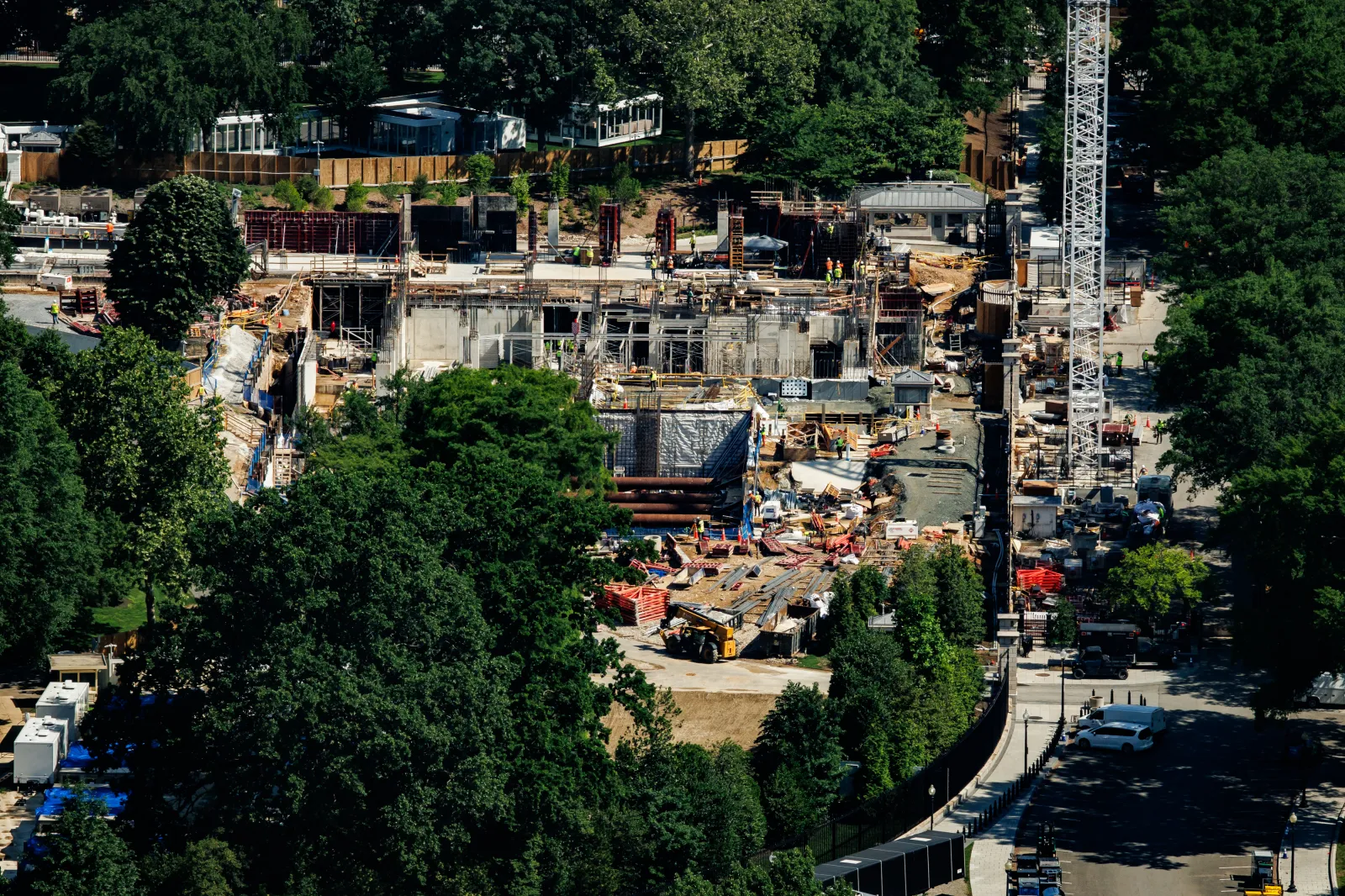 The construction of the White House ballroom is seen from the top of the Washington Monument on May 28, 2026 in Washington, D.C. President Donald Trump said a military hospital and research facilities will be built on the site of his planned White House ballroom, offering more details about the scope of the sprawling, controversial project. (Photo by Samuel Corum/Sipa USA)(Sipa via AP Images)