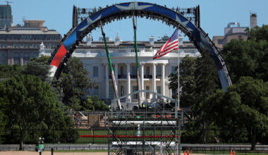 Construction continues at the White House to build a temporary structure for next month's Ultimate Fighting Championship (UFC) fight as part of the America 250 celebrations, seen Friday, May 29, 2026, in Washington.