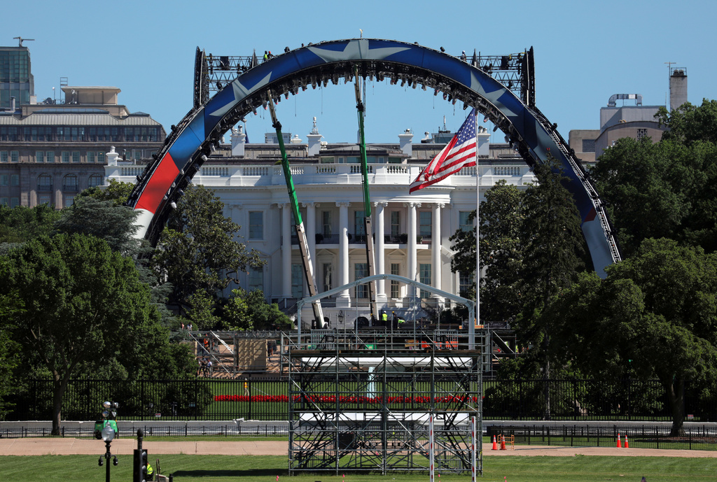 Construction continues at the White House to build a temporary structure for next month's Ultimate Fighting Championship (UFC) fight as part of the America 250 celebrations, seen Friday, May 29, 2026, in Washington.