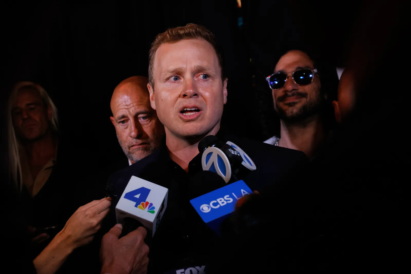 Spencer Pratt, a candidate in the Los Angeles mayoral race, fields interviews during an election night event on June 2 in Los Angeles.