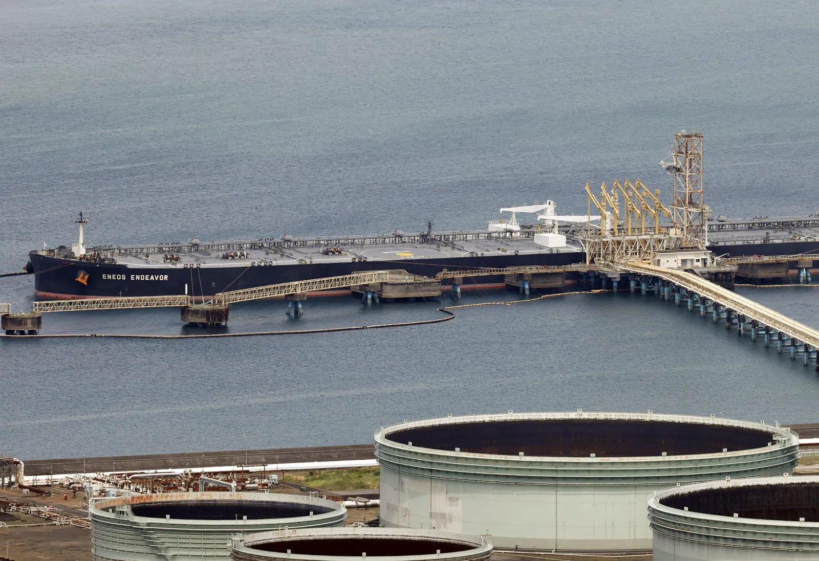 Photo taken on June 3 shows the Eneos Endeavor, an oil tanker operated by Eneos Corp., arriving at the oil distributor's Kiire crude oil reserve terminal in Kagoshima, Japan. It's the second oil tanker to arrive in Japan via the Strait of Hormuz since the Iran war erupted in late February. (Kyodo via AP Images) ==Kyodo