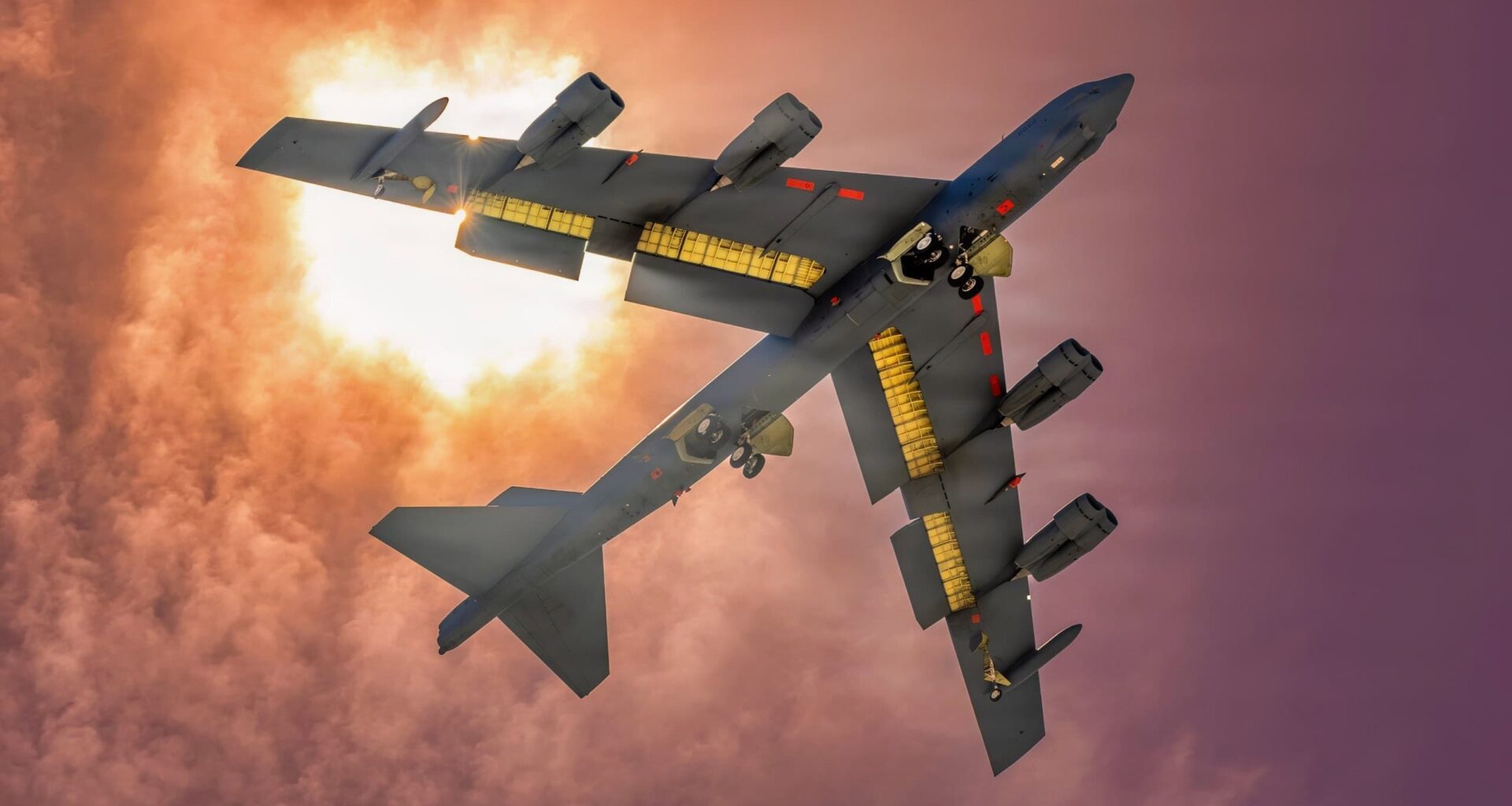 A B-52H Stratofortress assigned to the 419th Flight Test Squadron at Edwards Air Force Base, California, departs for an evening test mission over the Mojave Desert. The B-52H test fleet is in high demand, testing a variety of advanced capabilities for the joint-force. The 412th Test Wing will soon begin developmental test work on new avionics, radar, and engines as part of the B-52J effort, allowing the Stratofortress to serve the warfighter into the 2050's. (Air Force photo by Todd Schannuth)