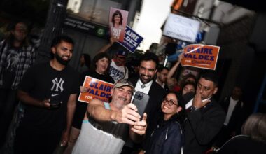 Mayor Zohran Mamdani of New York City posed for a selfie with state Assemblywoman Claire Valdez and a supporter while canvassing for Democratic primary voters in Brooklyn on Tuesday.
