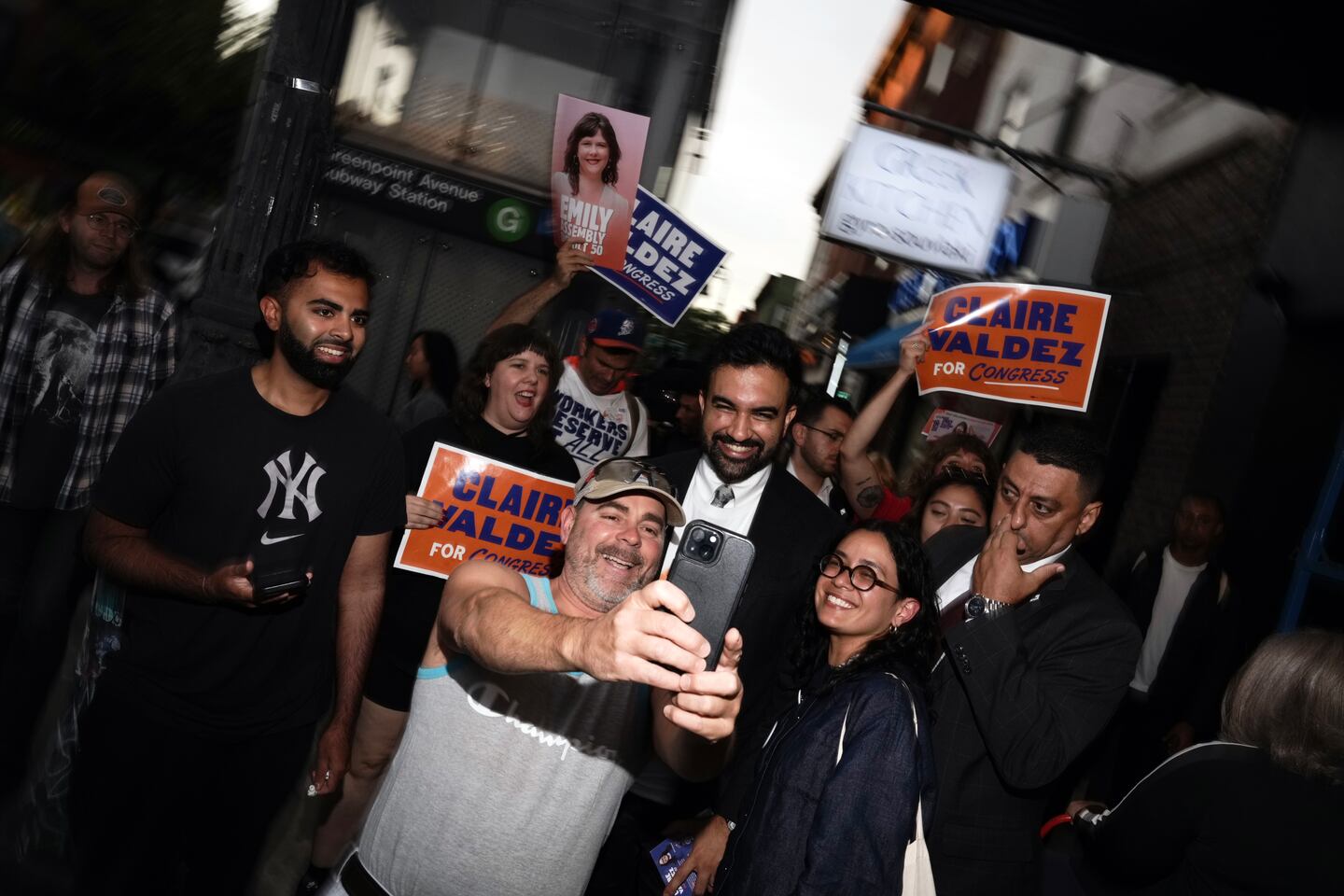 Mayor Zohran Mamdani of New York City posed for a selfie with state Assemblywoman Claire Valdez and a supporter while canvassing for Democratic primary voters in Brooklyn on Tuesday.