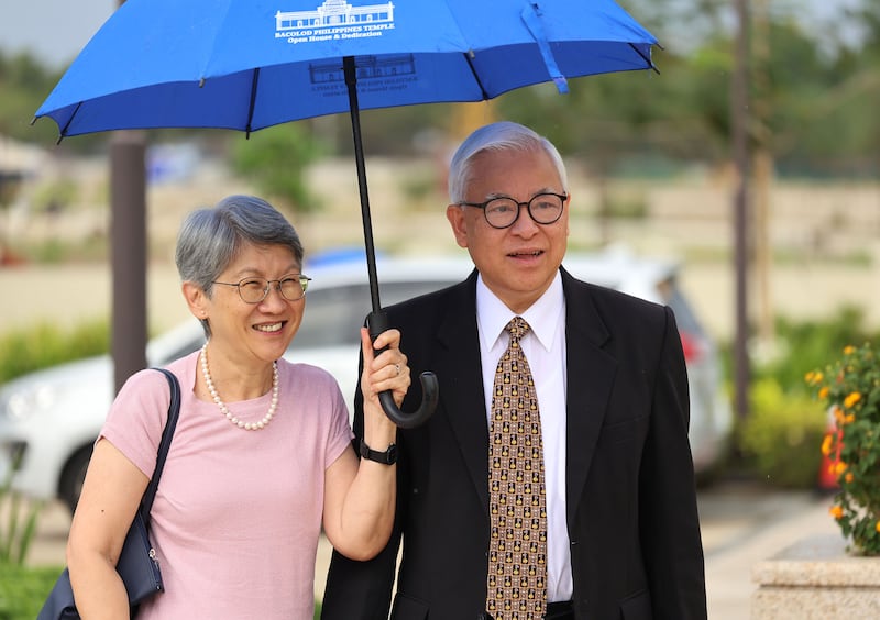 Elder Chi Hong (Sam) Wong, General Authority Seventy and first counselor in the Philippines Area presidency, and his wife, Sister Carol Wong, smile as the arrive for the Bacolod Philippines Temple dedication in Bacolod City, Philippines, on Sunday, May 31, 2026.