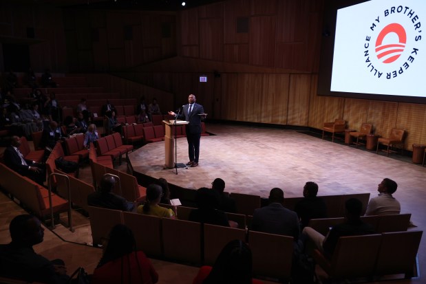 Adren Wilson, executive director of My Brother's Keeper Alliance, speaks at the Forum Building in the Obama Presidential Center on May 28, 2026, for discussions focused on improving outcomes for boys and young men of color. (Antonio Perez/Chicago Tribune)
