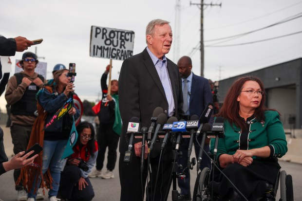 U.S. Sens. Dick Durbin and Tammy Duckworth speak at a press conference outside of the U.S. Immigration and Customs Enforcement holding facility on Oct. 10, 2025, in Broadview. (Stacey Wescott/Chicago Tribune)