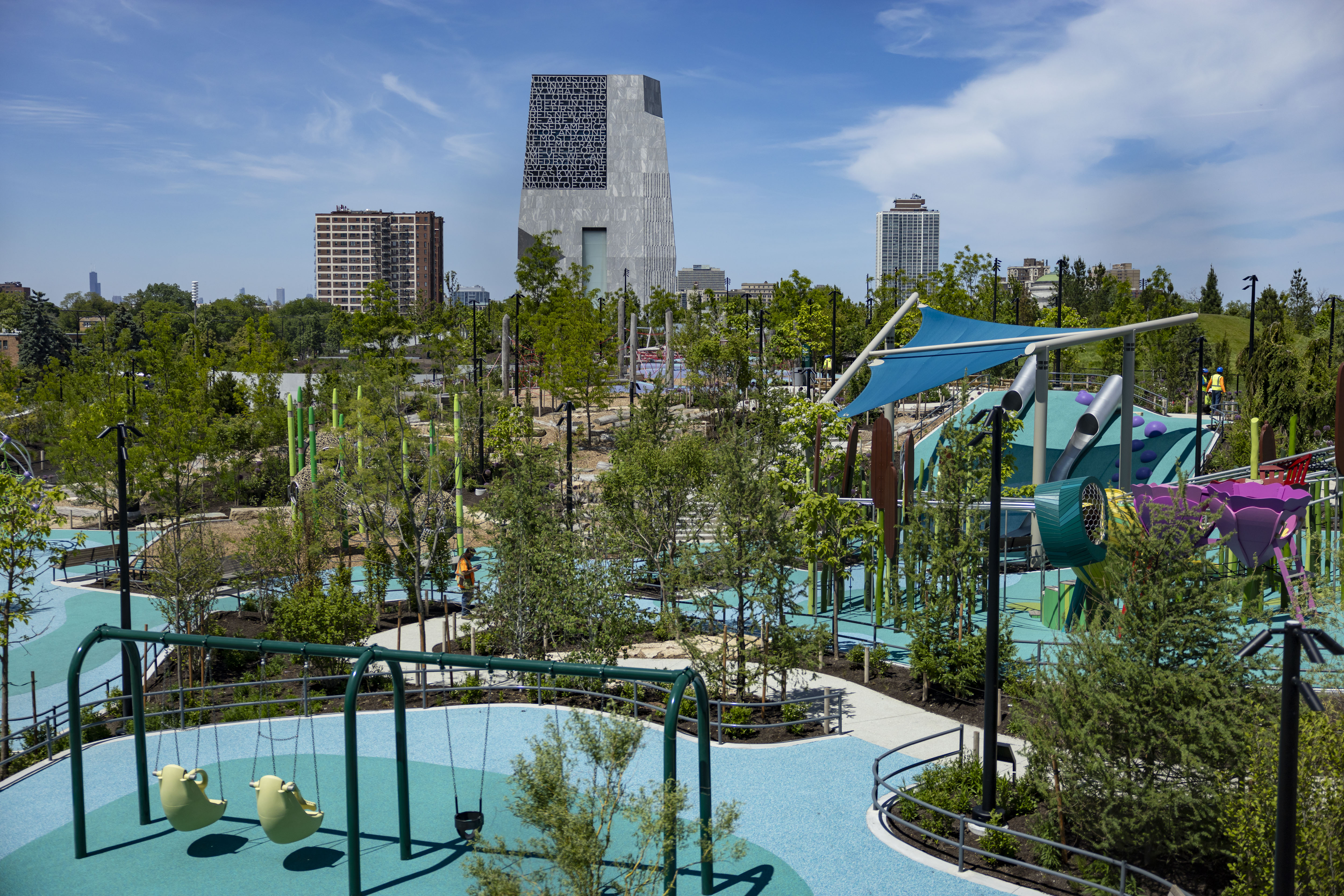 A view from the Home Court shows the playground and...