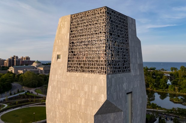 An excerpt from President Barack Obama's speech marking the 50th anniversary of the Selma to Montgomery marches is set at the top of the Obama Presidential Center tower, seen June 3, 2026. (Brian Cassella/Chicago Tribune)