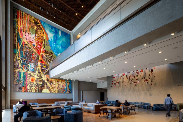 Artwork by Mark Bradford fills a wall between the garden and entry levels of the museum as the Obama Presidential Center prepares for opening, June 3, 2026. (Brian Cassella/Chicago Tribune)