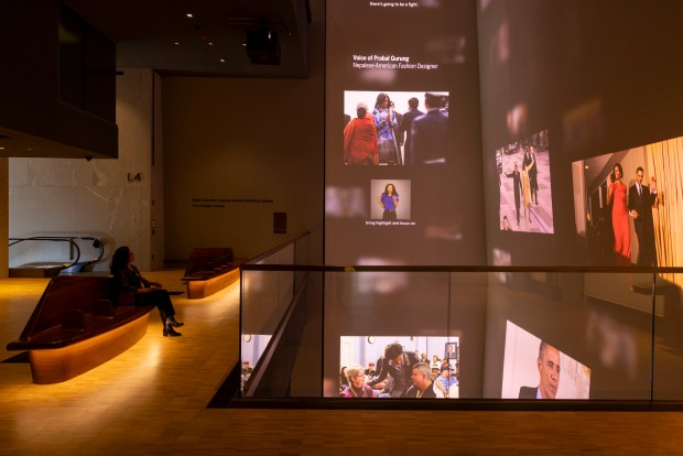 Projections flow between floors in the museum at the Obama Presidential Center on June 3, 2026. (Brian Cassella/Chicago Tribune)
