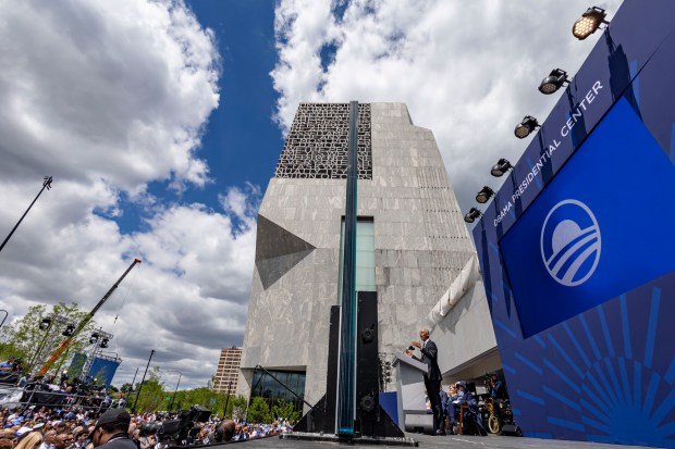 Former President Barack Obama speaks during the opening of the Obama Presidential Center on June 18, 2026, in Chicago's Jackson Park. (Brian Cassella/Chicago Tribune)