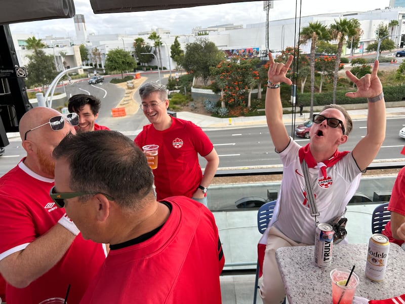 Canadian fans cheer as they get ready to watch Canada play against South Africa in the FIFA World Cup knockout game in L.A on June 28, 2026. (Andrew Johnson/CTV News)