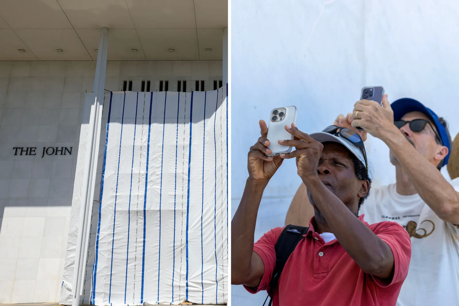 Left: Tarps are hung on scaffolding outside The Kennedy Center on June 13, 2026 in Washington, DC. Right: People take photos as tarps are hung on scaffolding outside The Kennedy Center on June 13, 2026 in Washington, DC.
