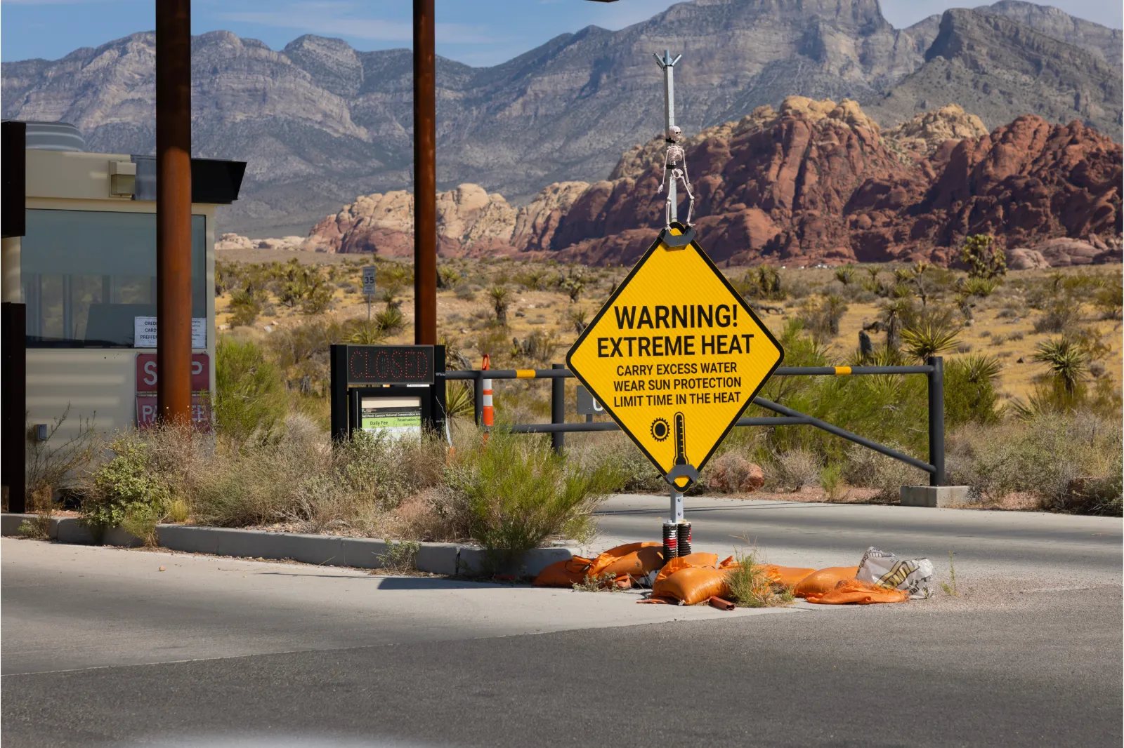 Extreme Heat warning at the entrance to Red Rock Canyon in Las Vegas in July 2024 | Getty Images