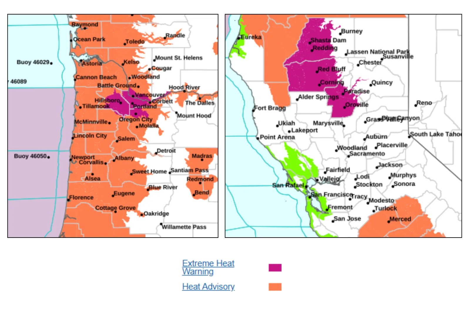 Map showing where extreme heat warnings are in place across California, Oregon, and Washington | NWS