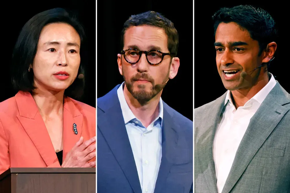 L-R: Connie Chan, Scott Wiener and Saikat Chakrabarti participate in a debate on March 31, 2026, in San Francisco.