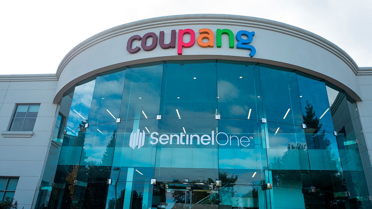 Logos of Coupang and SentinelOne displayed on building facade in Mountain View California