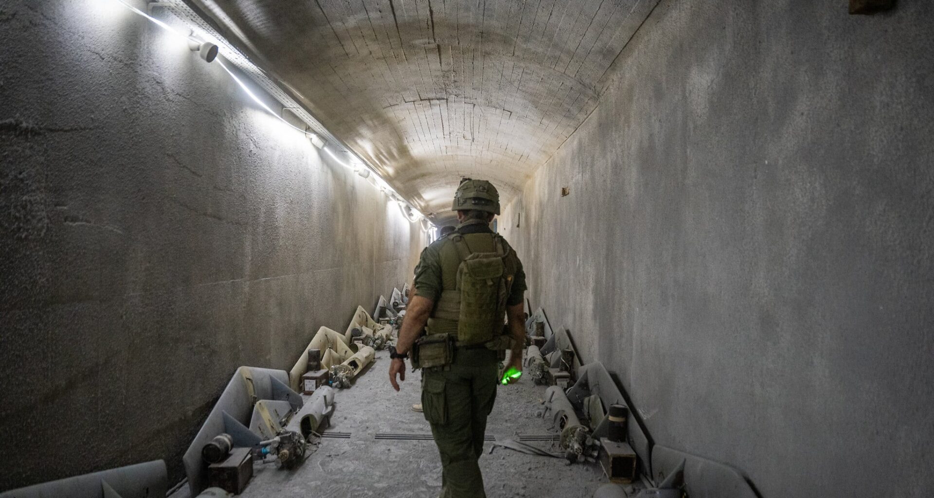 An Israeli soldier is seen in an underground Hezbollah drone facility in Majdal Zoun, southern Lebanon, on June 18, 2026. (Emanuel Fabian/Times of Israel)