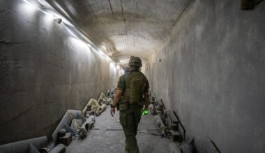 An Israeli soldier is seen in an underground Hezbollah drone facility in Majdal Zoun, southern Lebanon, on June 18, 2026. (Emanuel Fabian/Times of Israel)