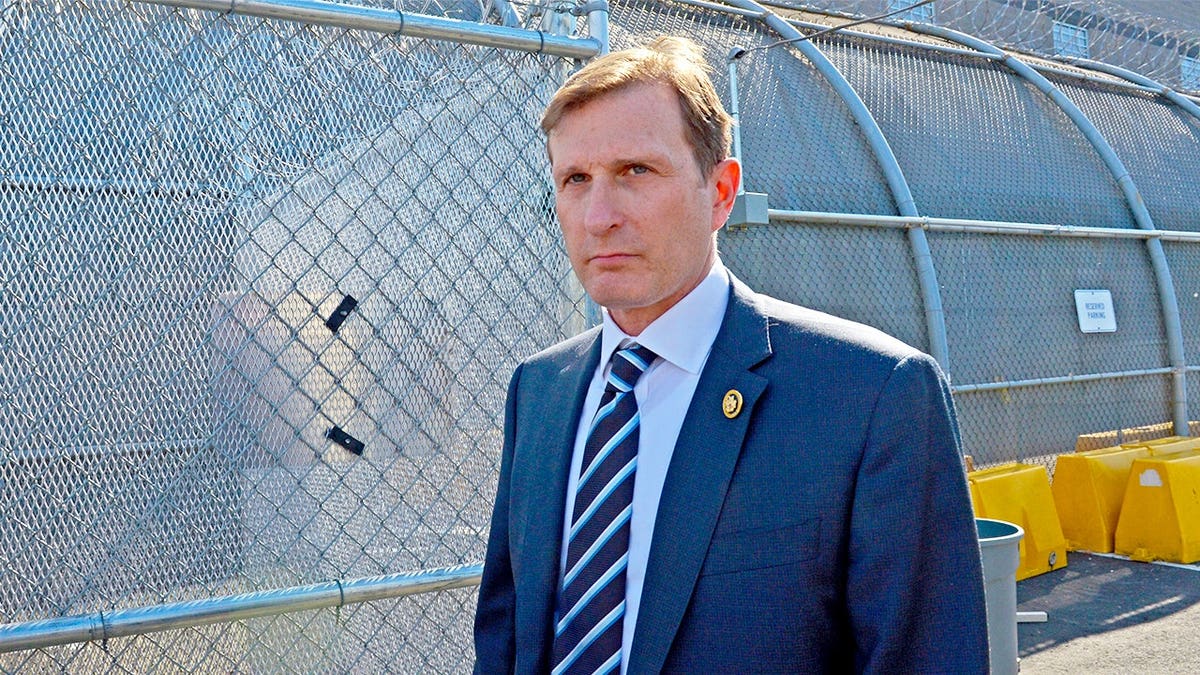 Rep. Dan Goldman, D-N.Y., stands outside the Delaney Hall Detention Center in Newark, New Jersey.