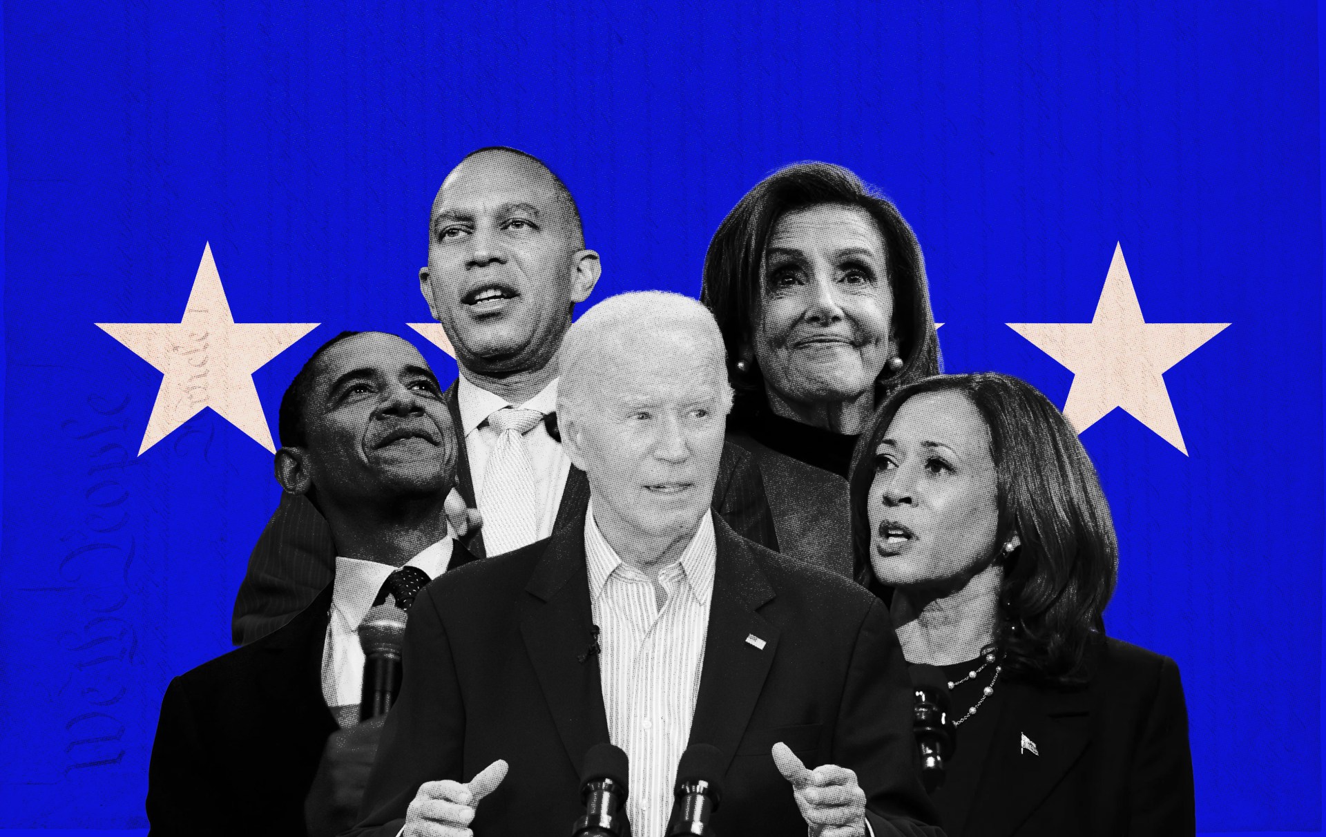 Five political figures in formal business attire stand against a bright blue background with white stars, appearing to be at a formal political event or rally.