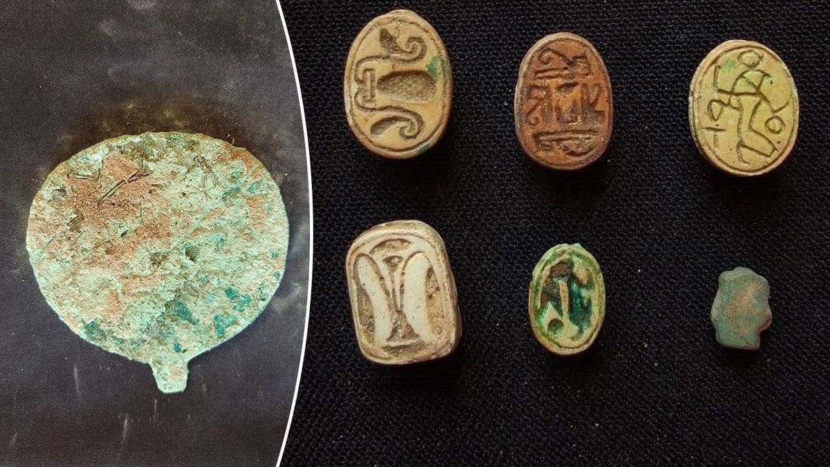 Split image of mirror, scarabs