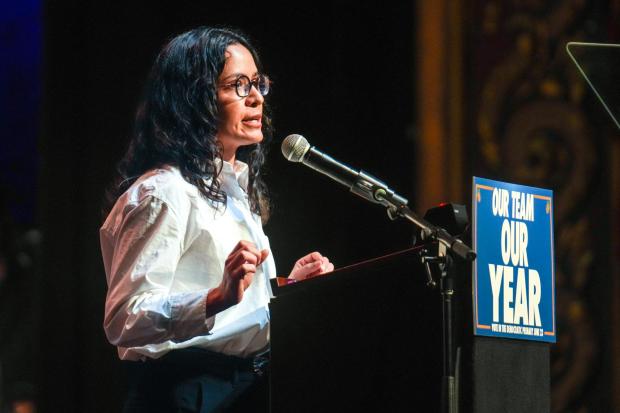 Democratic congressional candidate Claire Valdez speaks during a Get Out The Vote rally.